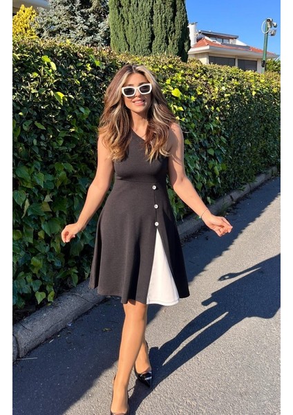 Kadın Tek Omuzu Şerit Detaylı Sıfır Kol Yandan Düğme Detaylı Janjan Krep Elbise modelleri