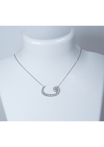 925 Ayar Gümüş Vav Kolye, Beyaz Taş Zincir Uzunluğu 45 cm