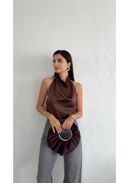 Kahverengi Saten Bluz