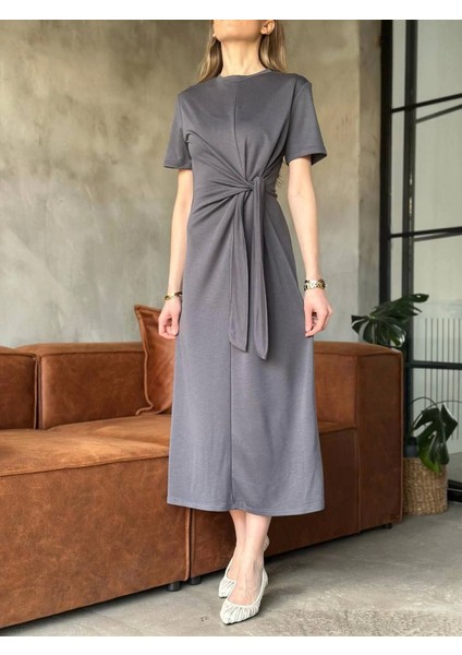 Osy Modal Yumuşak Dokulu Kumaş Yandan Bağlamalı Elbise - Gri