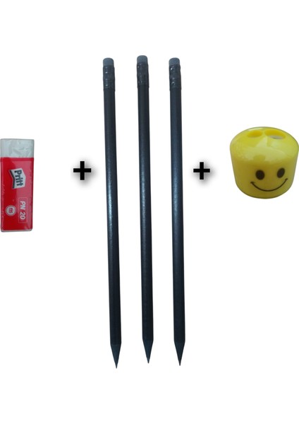3 Adet Fatih Silgili Siyah Baskısız Kurşunkalem + 1 Adet Çift Bıçaklı Kalemtraş + 1 Adet Büyük Boy Silgi