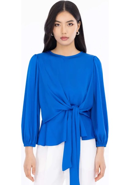 1080 Önden Bağlama Detaylı Saten Kol Ucu Lastikli Şık Bluz Qys Bluz 232001080 #23-04#