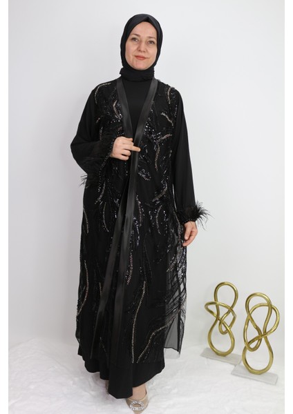 42931 Iç Bluz Sandy Kumaş Uzun Kollu Dış Kenarı Saten Görünümlü Arka Düz Önü Taş Boncuk ve Pul Işlemeli Kol Ucu Tüy ve Boncuk Işlemeli 2li Abaya