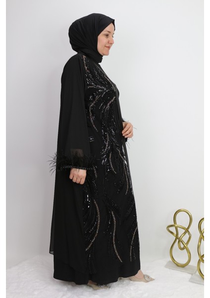 42931 Iç Bluz Sandy Kumaş Uzun Kollu Dış Kenarı Saten Görünümlü Arka Düz Önü Taş Boncuk ve Pul Işlemeli Kol Ucu Tüy ve Boncuk Işlemeli 2li Abaya fiyatları