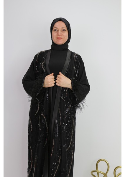 42931 Iç Bluz Sandy Kumaş Uzun Kollu Dış Kenarı Saten Görünümlü Arka Düz Önü Taş Boncuk ve Pul Işlemeli Kol Ucu Tüy ve Boncuk Işlemeli 2li Abaya modelleri