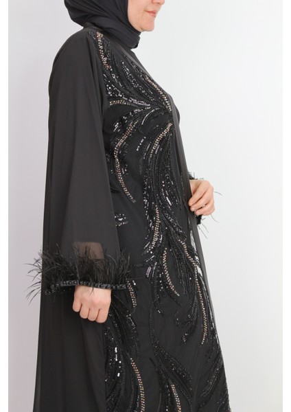 42931 Iç Bluz Sandy Kumaş Uzun Kollu Dış Kenarı Saten Görünümlü Arka Düz Önü Taş Boncuk ve Pul Işlemeli Kol Ucu Tüy ve Boncuk Işlemeli 2li Abaya fırsatları