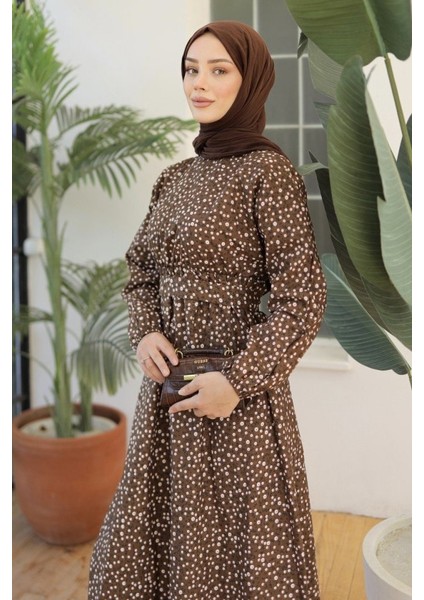 Kadın Papatya Desen Bisiklet Yaka Belden Bağlamalı Elbise fırsatları