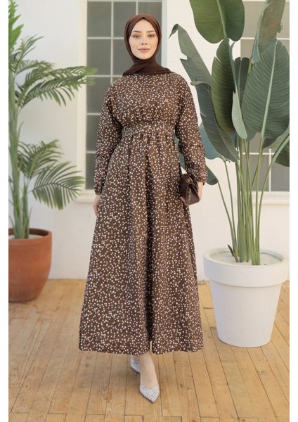 Kadın Papatya Desen Bisiklet Yaka Belden Bağlamalı Elbise