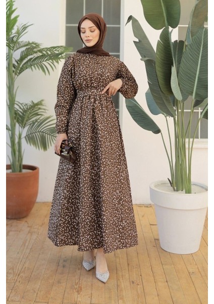 Kadın Papatya Desen Bisiklet Yaka Belden Bağlamalı Elbise