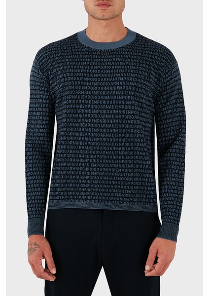 Jakarlı Logo Baskılı % 100 Yün Bisiklet Yaka Kazak Erkek Kazak EM002630 AF14199 FB077