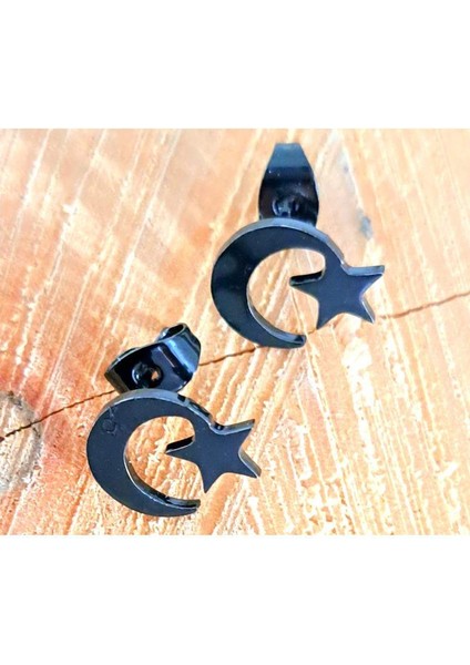 Çelik Çift Ayyıldız Figürlü Unisex Küpe