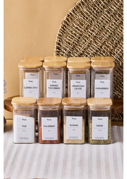 Gildo 12'li Bambu Kapak Borosilikat Cam Baharatlık 250 ml 10X6 cm 30 Adet Etiket Hediyeli