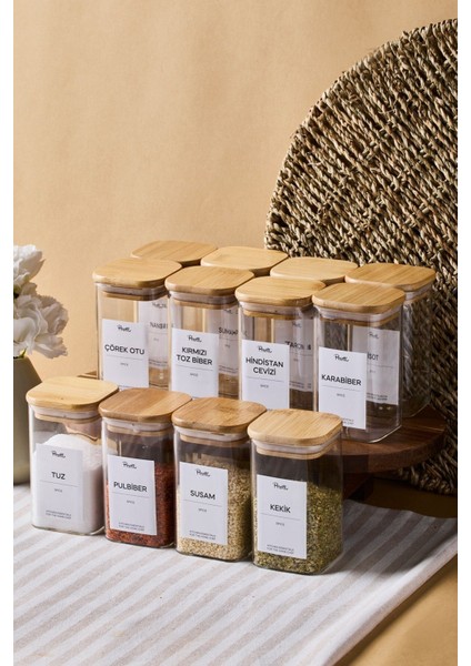 Gildo 12'li Bambu Kapak Borosilikat Cam Baharatlık 250 ml 10X6 cm 30 Adet Etiket Hediyeli modelleri
