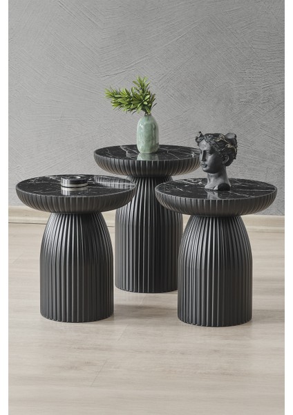 Bohem Sehpa, Diamond 3'lü Set, Yan Sehpa, Zigon Sehpa - Siyah&siyah Mermer Desenli