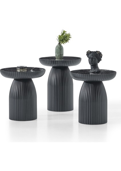 Bohem Sehpa, Diamond 3'lü Set, Yan Sehpa, Zigon Sehpa - Siyah&siyah Mermer Desenli modelleri