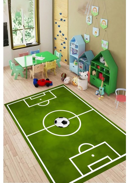 Dijital Baskılı Kaymaz Futbol Sahası Desenli Çocuk Oyun Halısı
