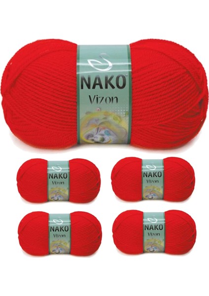 5 Adet Vizon Premium Akrilik El Örgü İpi Yünü Renk No : 207 Alev Kırmızı