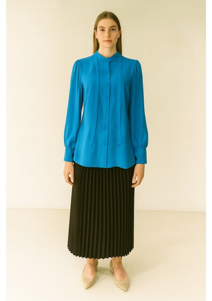 1020 Yakası Flarlı Önden Düğmlei Balon Kol Gömlek Qys Gömlek 1020 #23-043