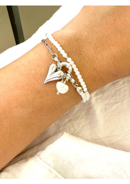 Kalpli Charm Inci ve Zincirli Bileklik