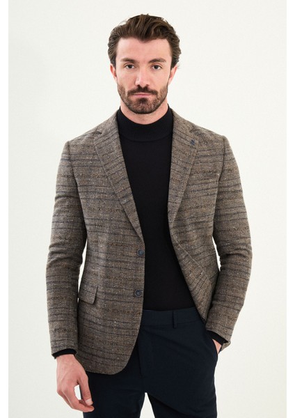 Ekoseli Slim Fit Mono Yaka Yün Erkek Ceket
