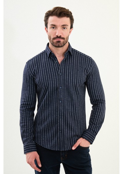 Çizgili Slim Fit Yün Erkek Gömlek