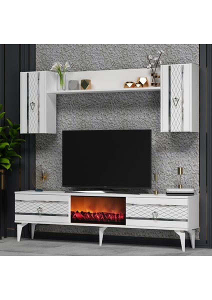 Pelinct Şömineli (A) Tv Ünitesi Takımı Beyaz Gümüş