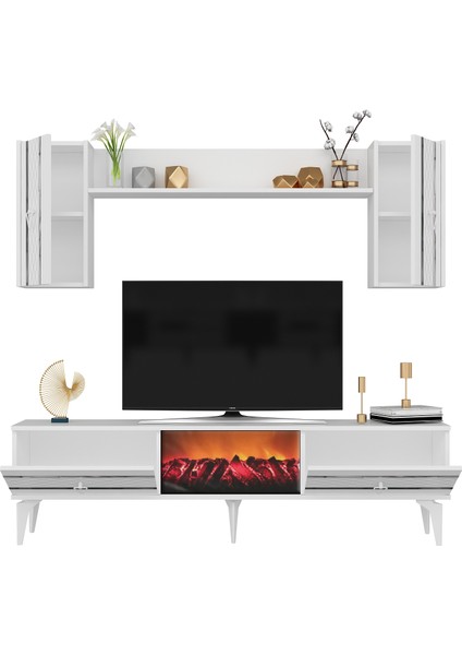 Pelinct Şömineli (A) Tv Ünitesi Takımı Beyaz Gümüş fırsatları