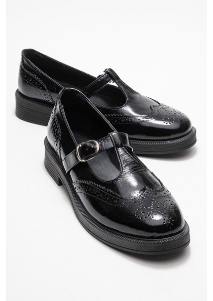 Janney Siyah Rugan Hakiki Deri Bantlı Kadın Loafer Ayakkabı