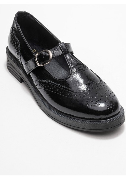 Janney Siyah Rugan Hakiki Deri Bantlı Kadın Loafer Ayakkabı modelleri