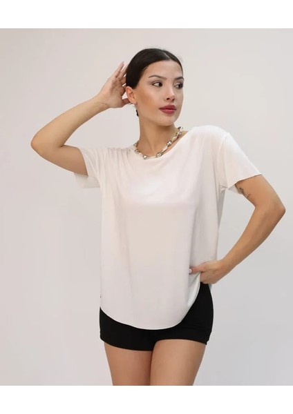 Kadın Yuvarlak Yaka Kol Etek Lazer Kesim Modal T-Shirt fırsatları