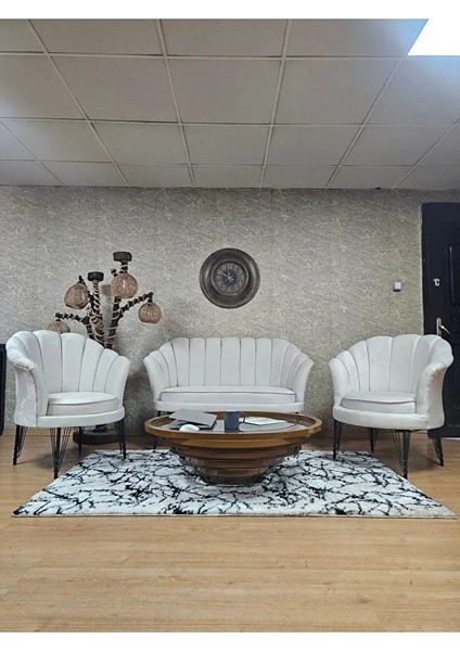 Istiridye Takım Siyah Boyalı Telli Ayak Çay Seti Koltuk Takımı Krem Renk 110 x 48 Boyut/ebat