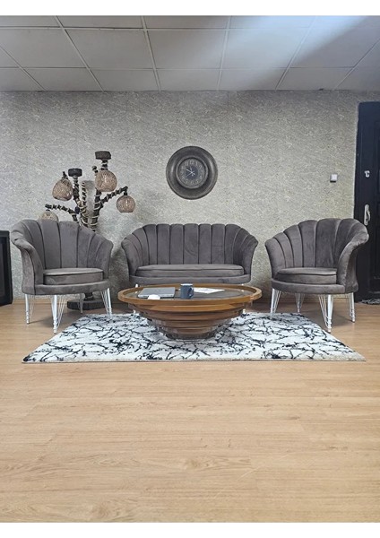 Istiridye Takım Beyaz Boyalı Telli Ayak Çay Seti Koltuk Takımı Kahverengi Renk 110 x 48 Boyut/ebat