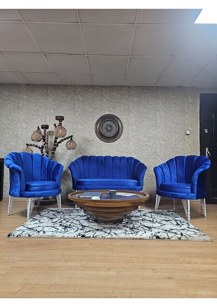 Istiridye Takım Beyaz Boyalı Telli Ayak Çay Seti Koltuk Takımı Mavi Renk 110 x 48 Boyut/ebat