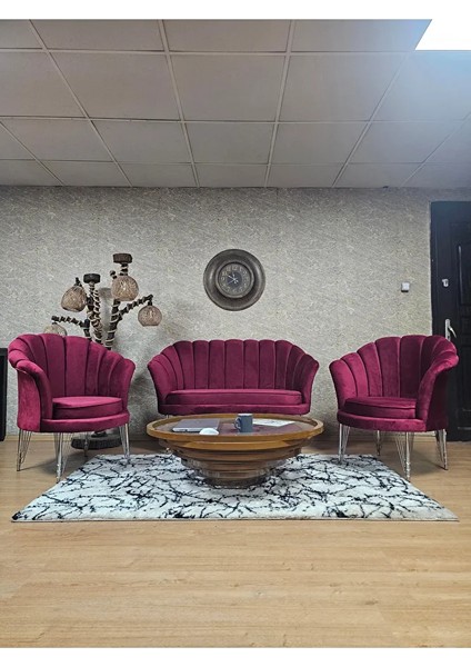 Istiridye Takım Krom Kaplama Telli Ayak Çay Seti Koltuk Takımı Bordo Renk 110 x 48 Boyut/ebat