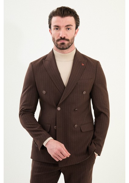 Çizgili Slim Fit Geniş Yaka Kruvaze Metal Düğmeli Erkek Takım Elbise