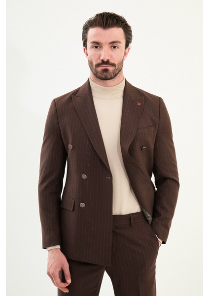 Çizgili Slim Fit Geniş Yaka Kruvaze Metal Düğmeli Erkek Takım Elbise fırsatları