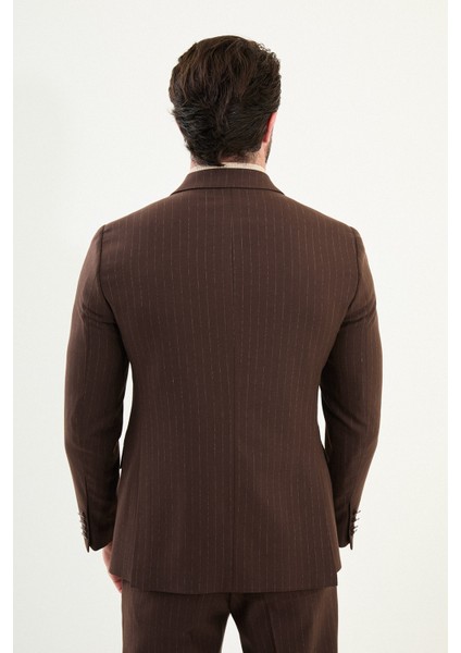 Çizgili Slim Fit Geniş Yaka Kruvaze Metal Düğmeli Erkek Takım Elbise indirimleri