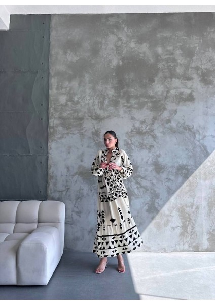 Hakim Yaka Düğmeli Desen Elbise Oversize