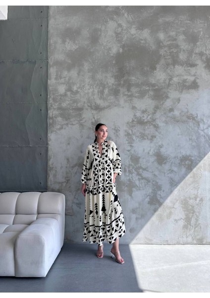 Hakim Yaka Düğmeli Desen Elbise Oversize modelleri