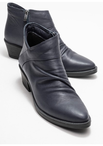 Rule Lacivert Hakiki Deri Kadın Kalın Topuklu Bot