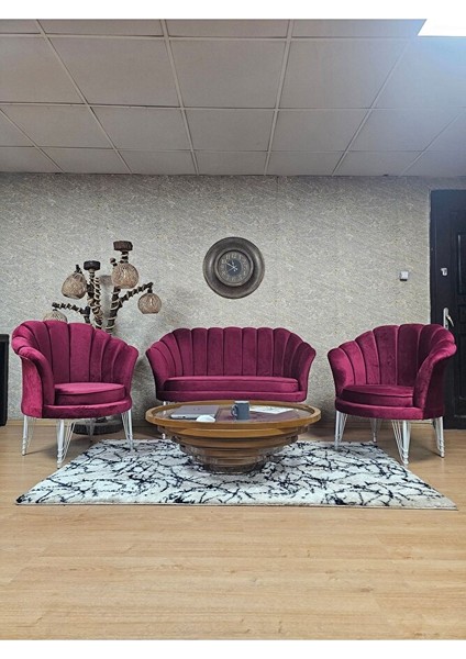 Istiridye Takım Beyaz Boyalı Telli Ayak Çay Seti Koltuk Takımı Bordo Renk 110 x 48 Boyut/ebat