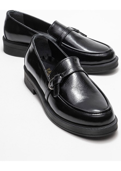 Galea Siyah Rugan Tokalı Hakiki Deri Kadın Loafer Ayakkabı