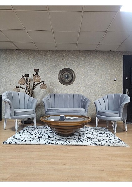 Istiridye Takım Beyaz Boyalı Telli Ayak Çay Seti Koltuk Takımı Gri Renk 110 x 48 Boyut/ebat