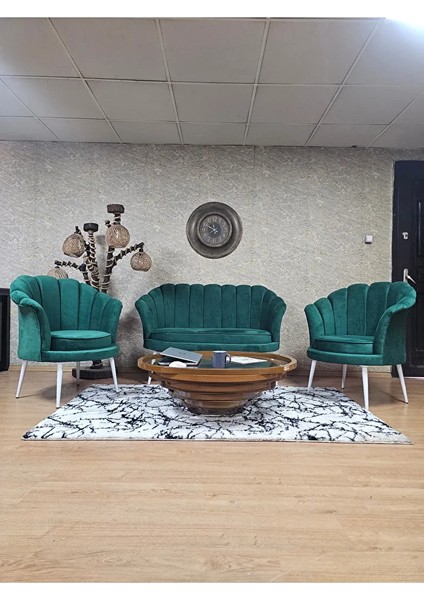 Istiridye Takım Beyaz Boyalı Sivriltme Ayak Çay Seti Koltuk Takımı Yeşil Renk 110 x 48 Boyut/ebat