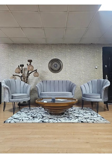 Istiridye Takım Siyah Boyalı Telli Ayak Çay Seti Koltuk Takımı Gri Renk 110 x 48 Boyut/ebat