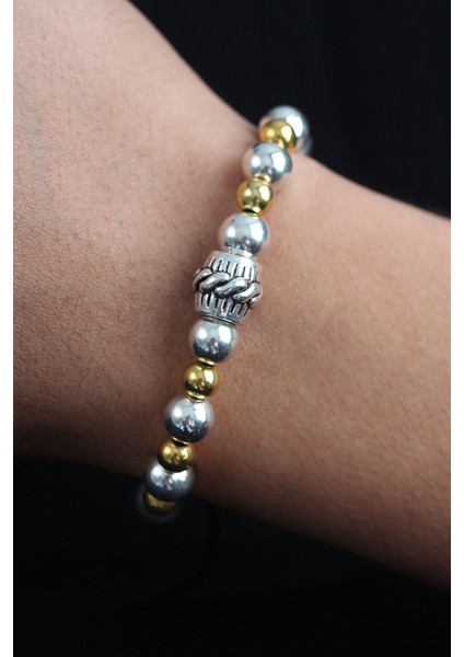 Doğal Taş Sarmal Model Gold ve Gümüş Renk Asansörlü Erkek Bileklik - EBJ250902W37677