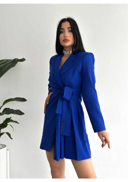 Yan Pileli Düğme Detaylı Ceket Elbise