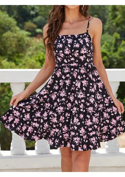 Kadın Askılı Çiçek Desenli Süprem Mini Elbise