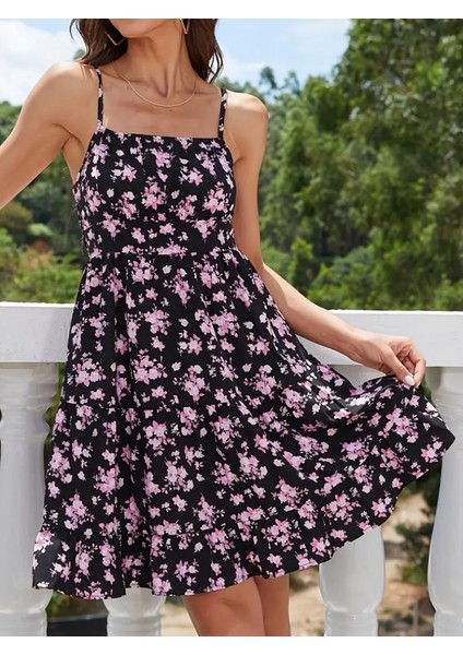 Kadın Askılı Çiçek Desenli Süprem Mini Elbise modelleri