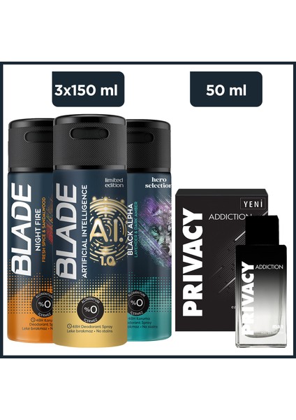 Addiction Men Edt 50 ml & Blade Black Alpha , Star Night, Artificial Intelligence 1.0 3X150 ml